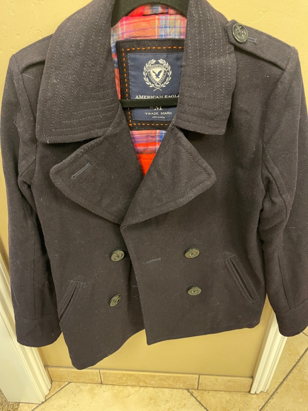 American Eagle Outfitters Black Double-Breasted Pea Coat with Plaid Lining